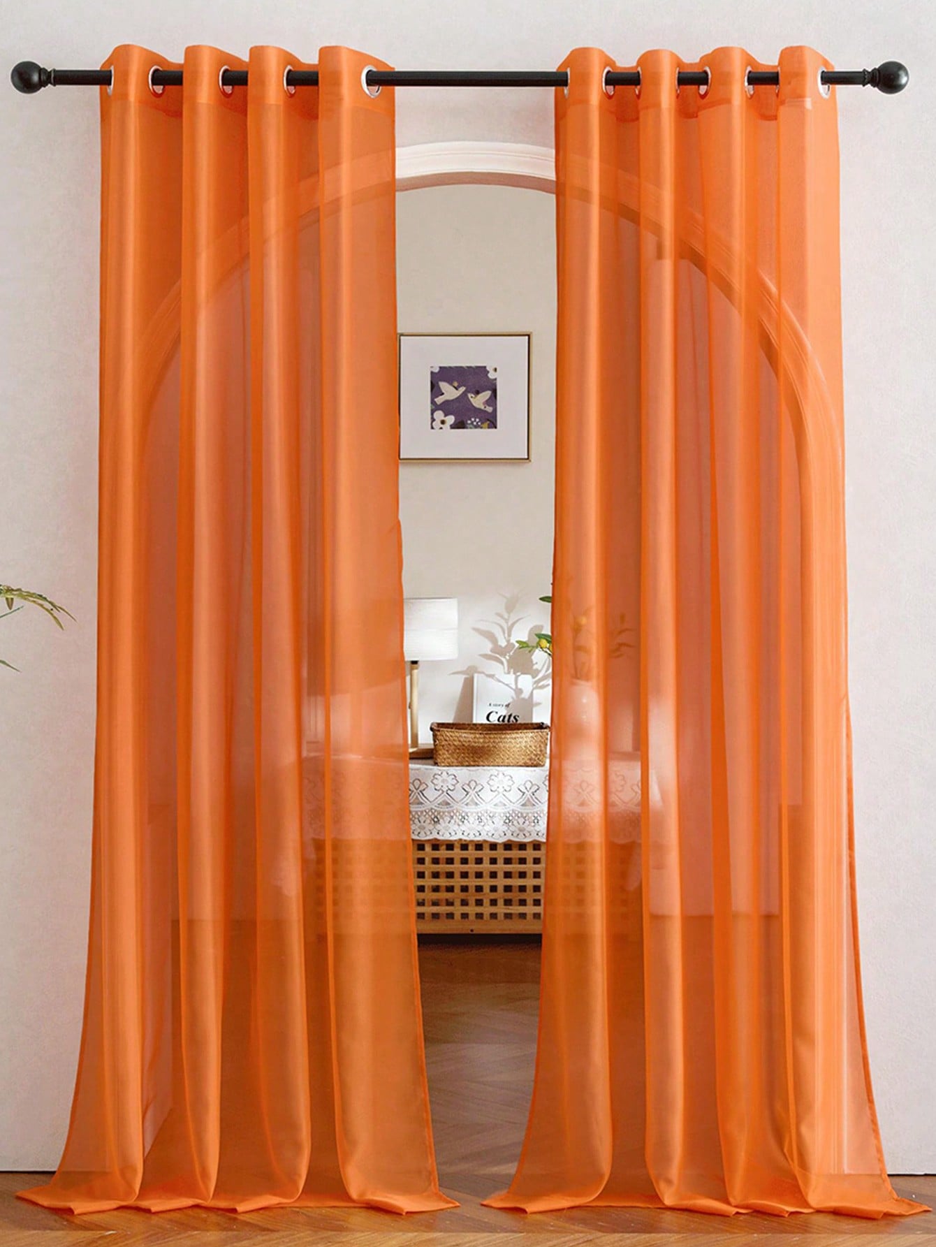 Home Decor Orange - 1pc Elegant Transparent Orange Organza Half-Sheer